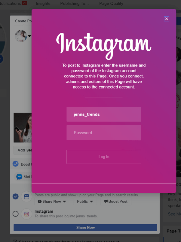 login to instagram to share post from facebook