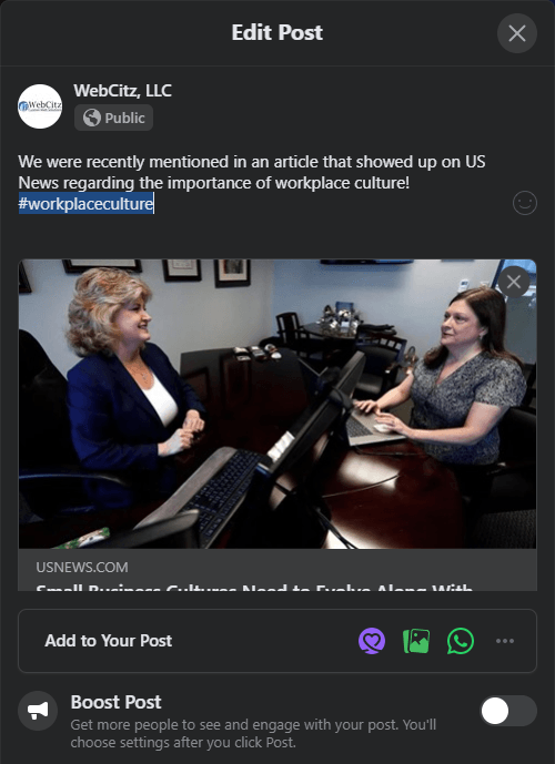 create facebook post to be shared to instagram