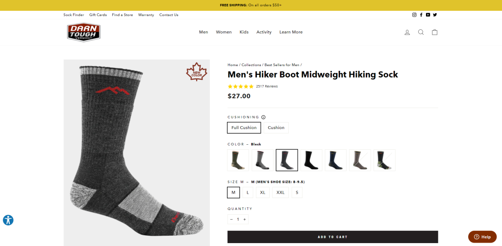 Darn Tough sock product page